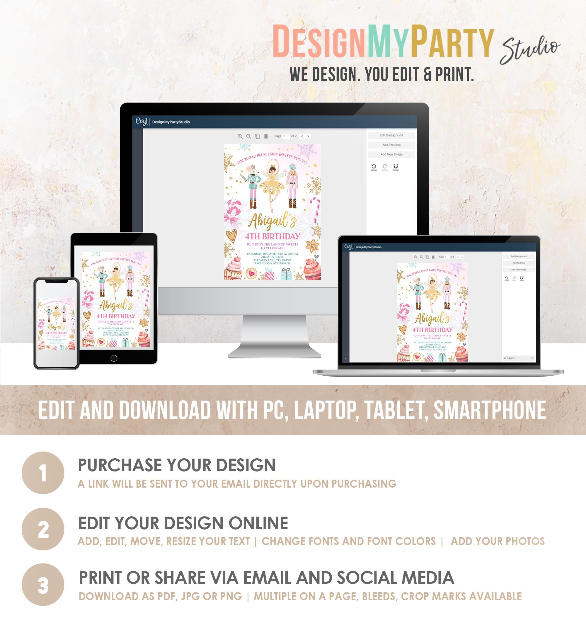 Editable Nutcracker Birthday Invitation Girl Land of Sweets Winter Gold Girl Sugar Plum Fairy Digital Download Evite Template Printable 0352