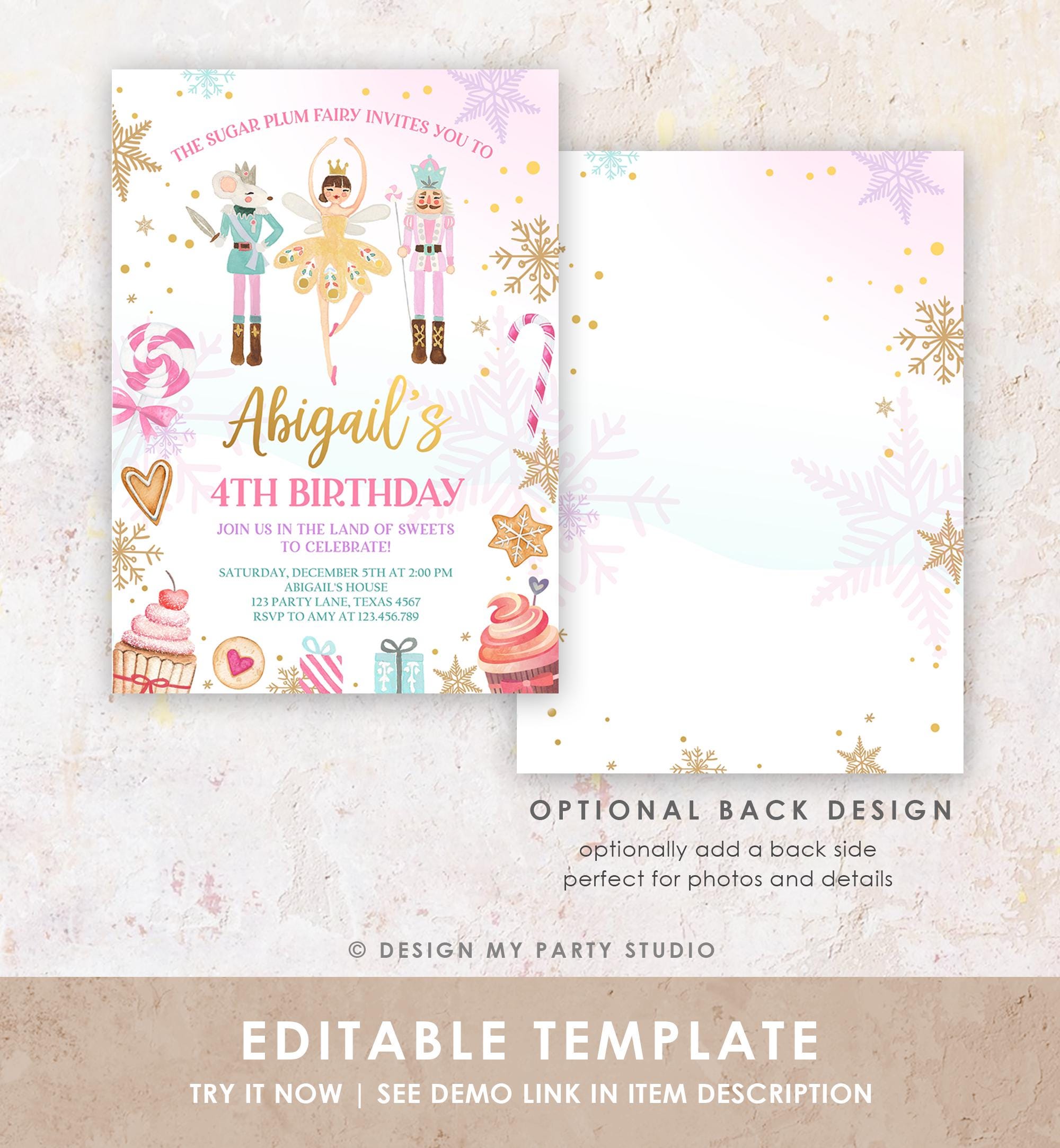 Editable Nutcracker Birthday Invitation Girl Land of Sweets Winter Gold Girl Sugar Plum Fairy Digital Download Evite Template Printable 0352