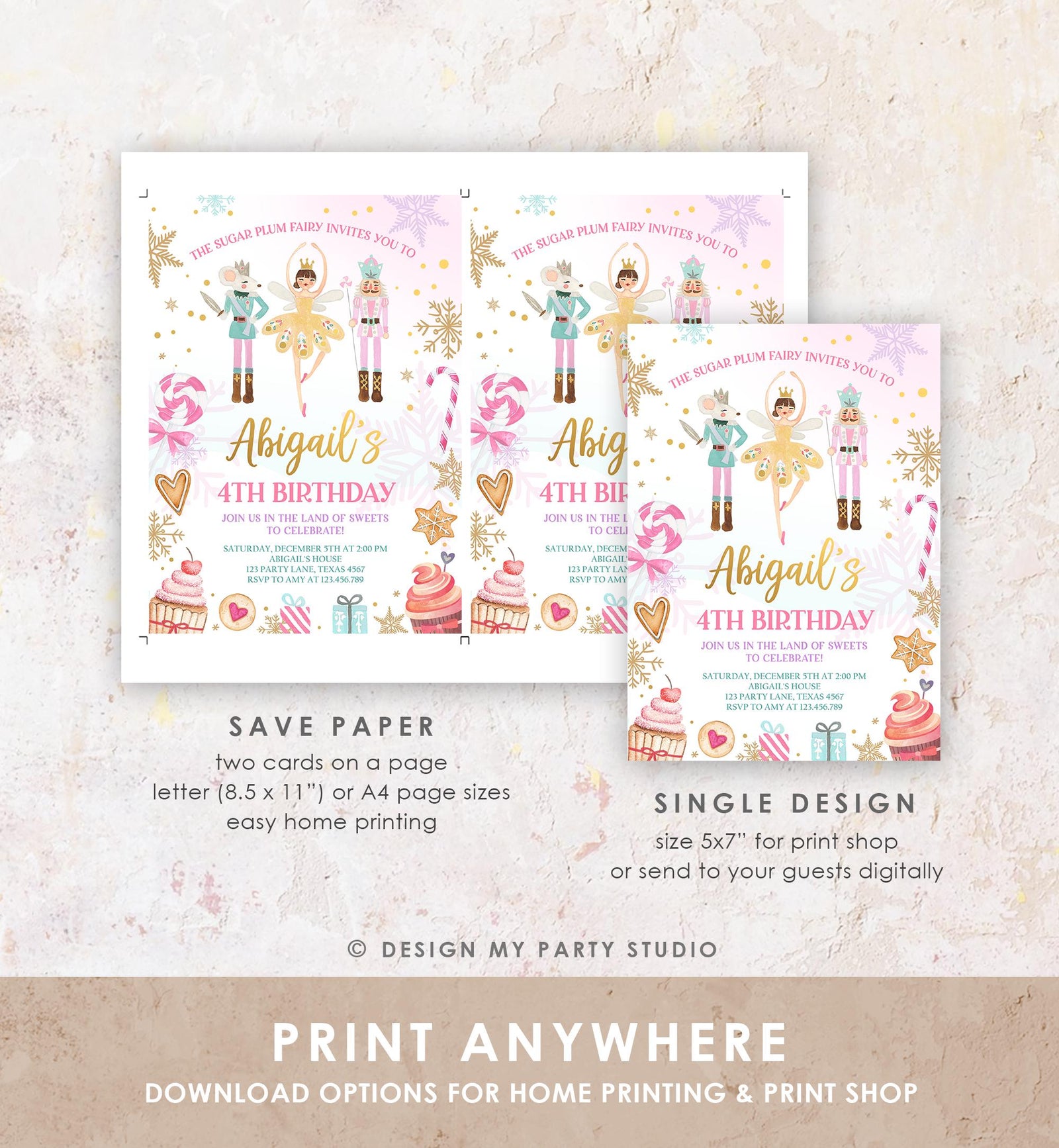 Editable Nutcracker Birthday Invitation Girl Land of Sweets Winter Gold Girl Sugar Plum Fairy Digital Download Evite Template Printable 0352