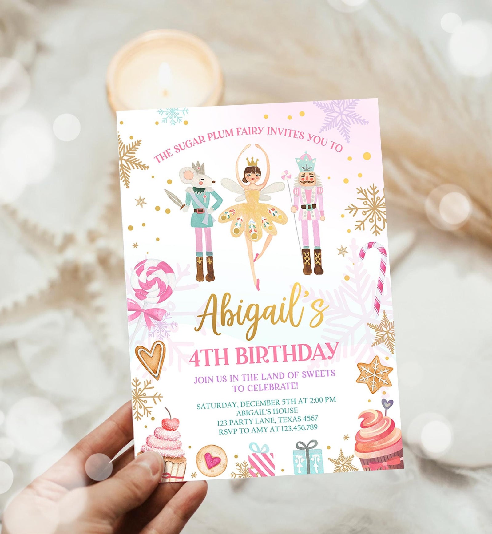 Editable Nutcracker Birthday Invitation Girl Land of Sweets Winter Gold Girl Sugar Plum Fairy Digital Download Evite Template Printable 0352