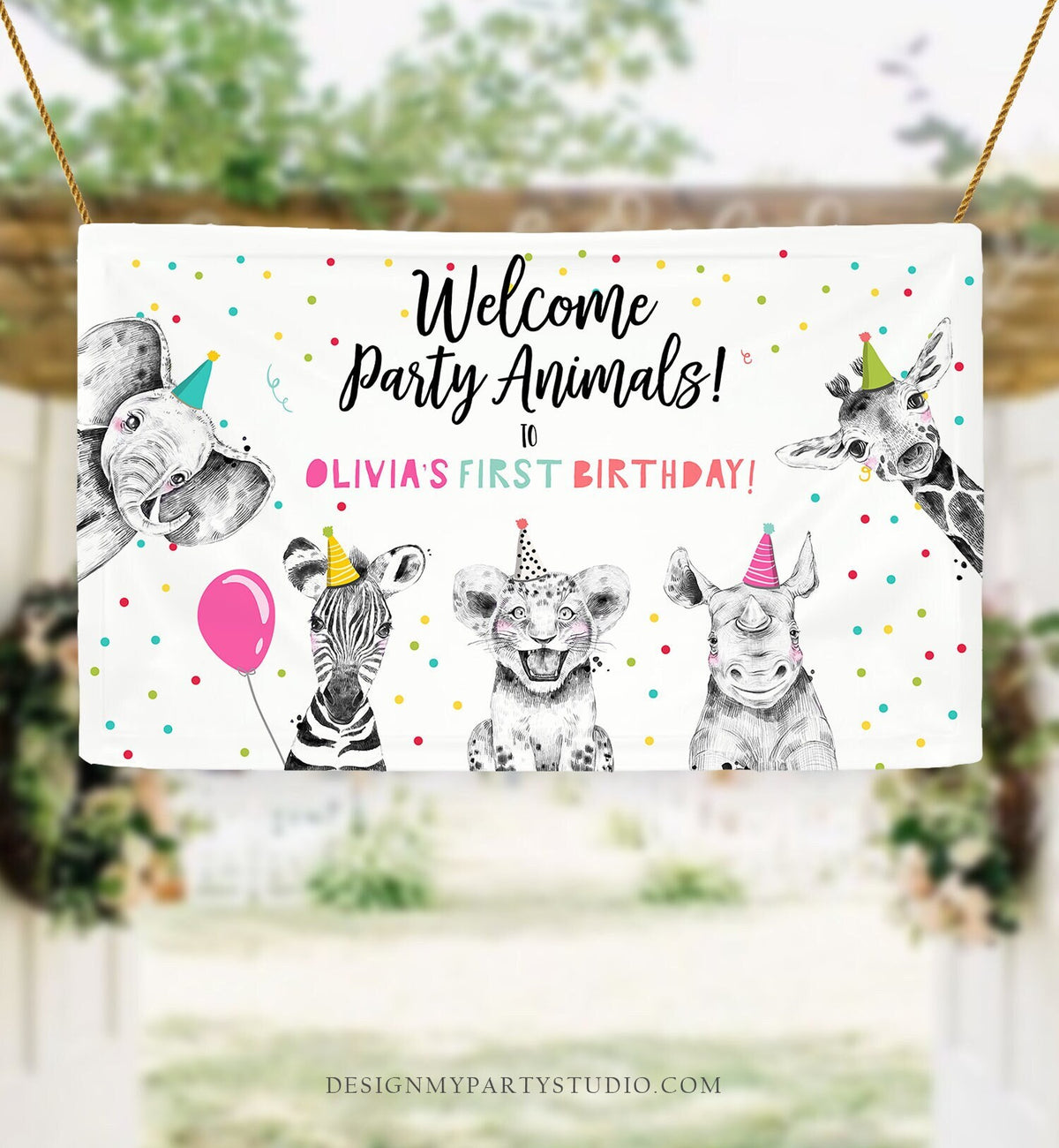 Editable Party Animals Birthday Backdrop Banner Welcome Safari Animals Girl Pink Birthday Sign Digital Download Template Printable 0390