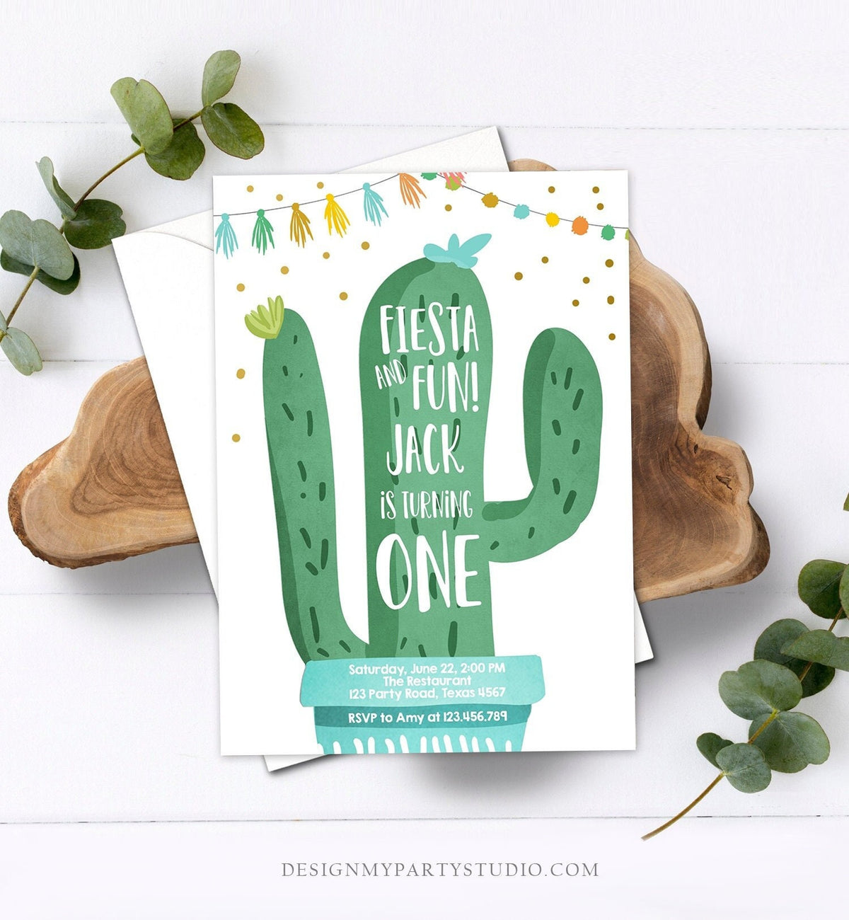 Editable Fiesta and Fun Birthday Invitation Boy Blue First Birthday Cactus Succulent 1st Mexican Digital Download Template Printable 0255