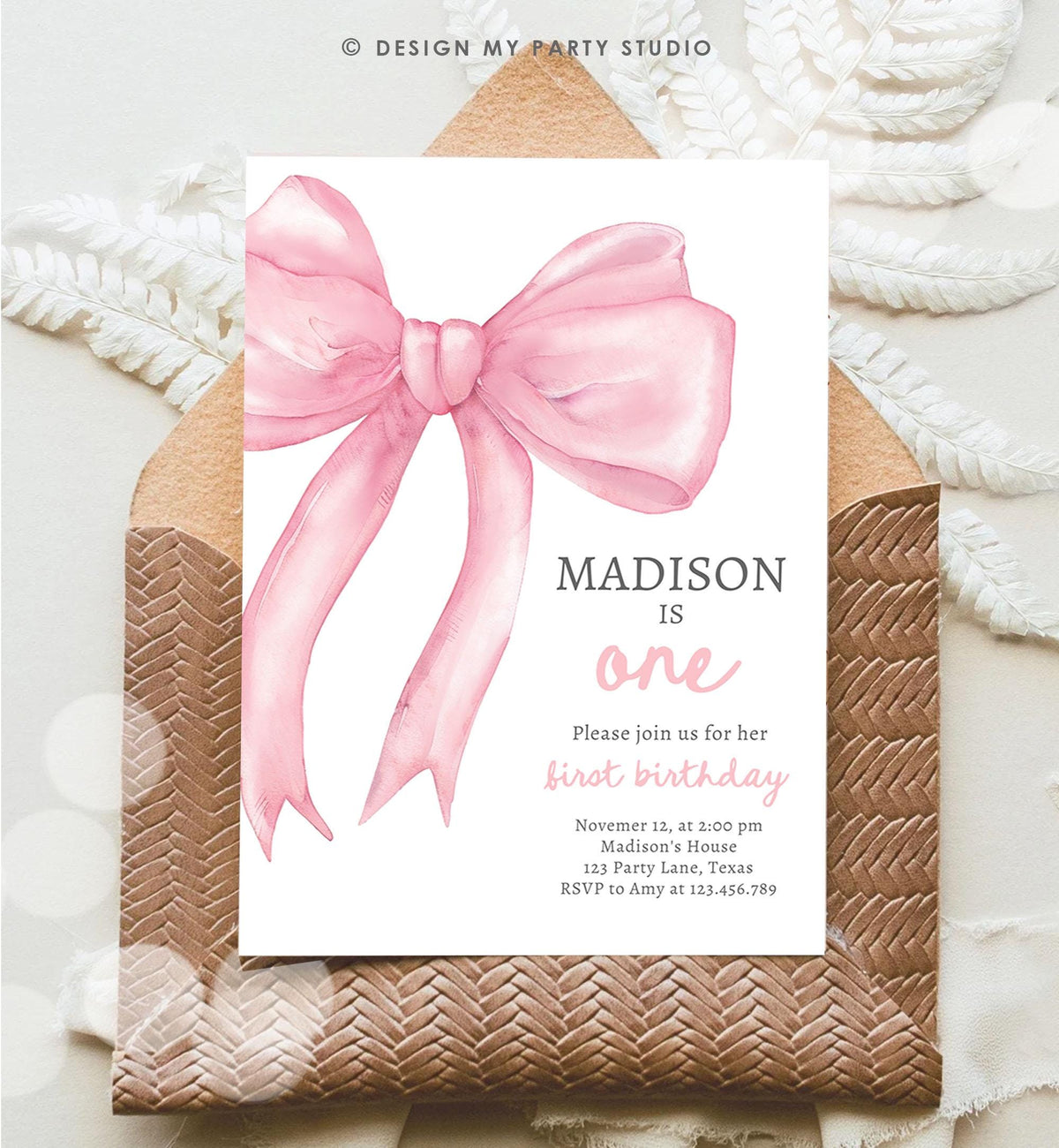 Editable Pink Bow 1st Birthday Invitation First Birthday Pink Coquette Bow Girl Wanna Be One Bow Invite Evite Template Digital Download 0527