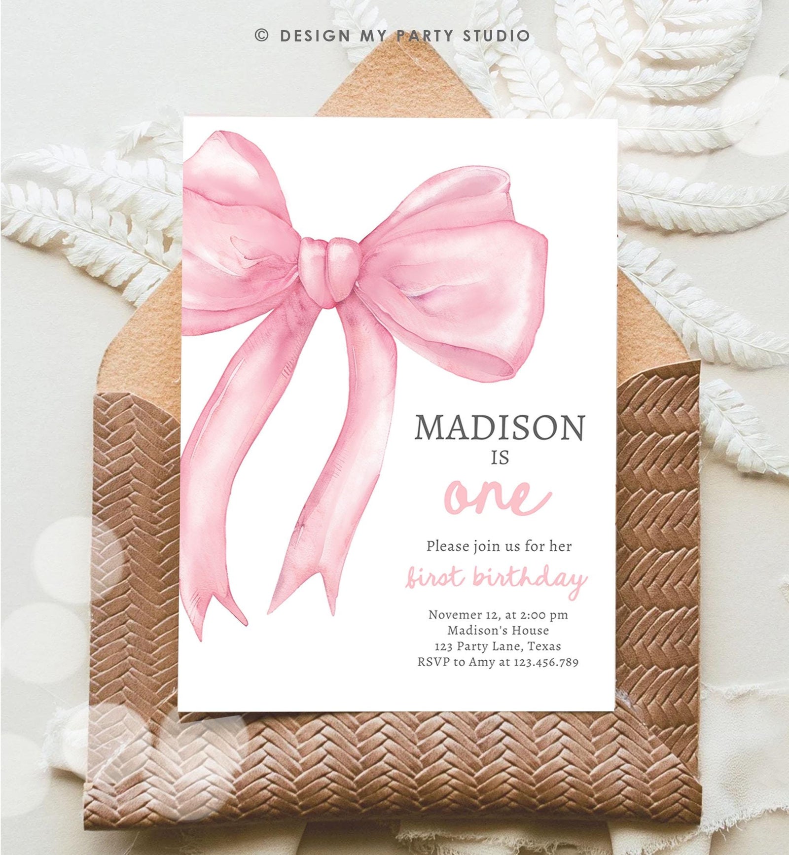Editable Pink Bow 1st Birthday Invitation First Birthday Pink Coquette Bow Girl Wanna Be One Bow Invite Evite Template Digital Download 0527