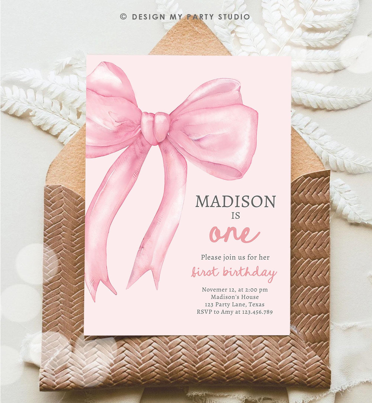 Editable Pink Bow 1st Birthday Invitation First Birthday Pink Coquette Bow Girl Wanna Be One Bow Invite Evite Template Digital Download 0527