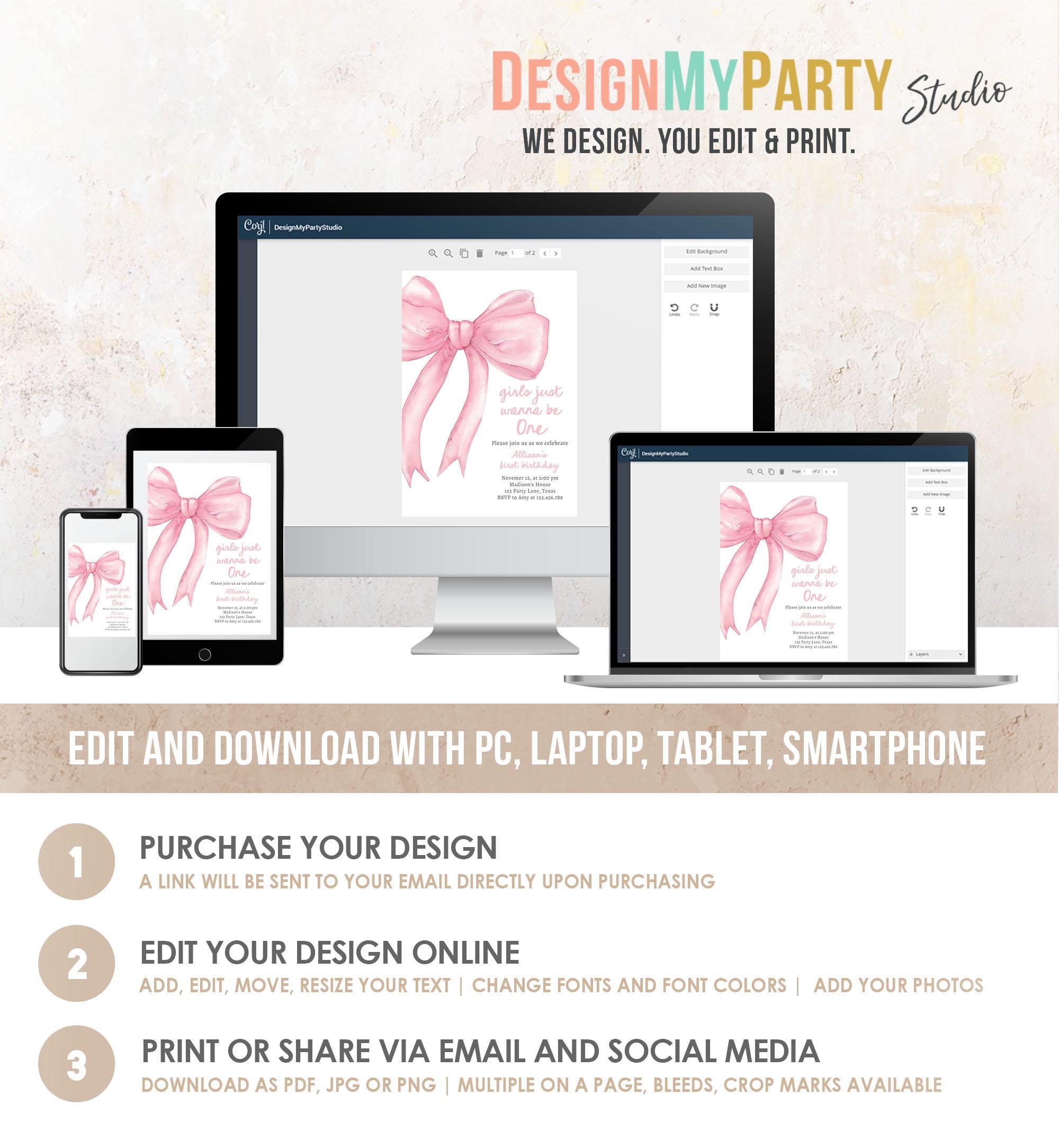 Editable Girls Just Wanna Be One Birthday Invitation Pink Bow 1st Birthday First Preppy Coquette Bow Evite Template Digital Download 0527