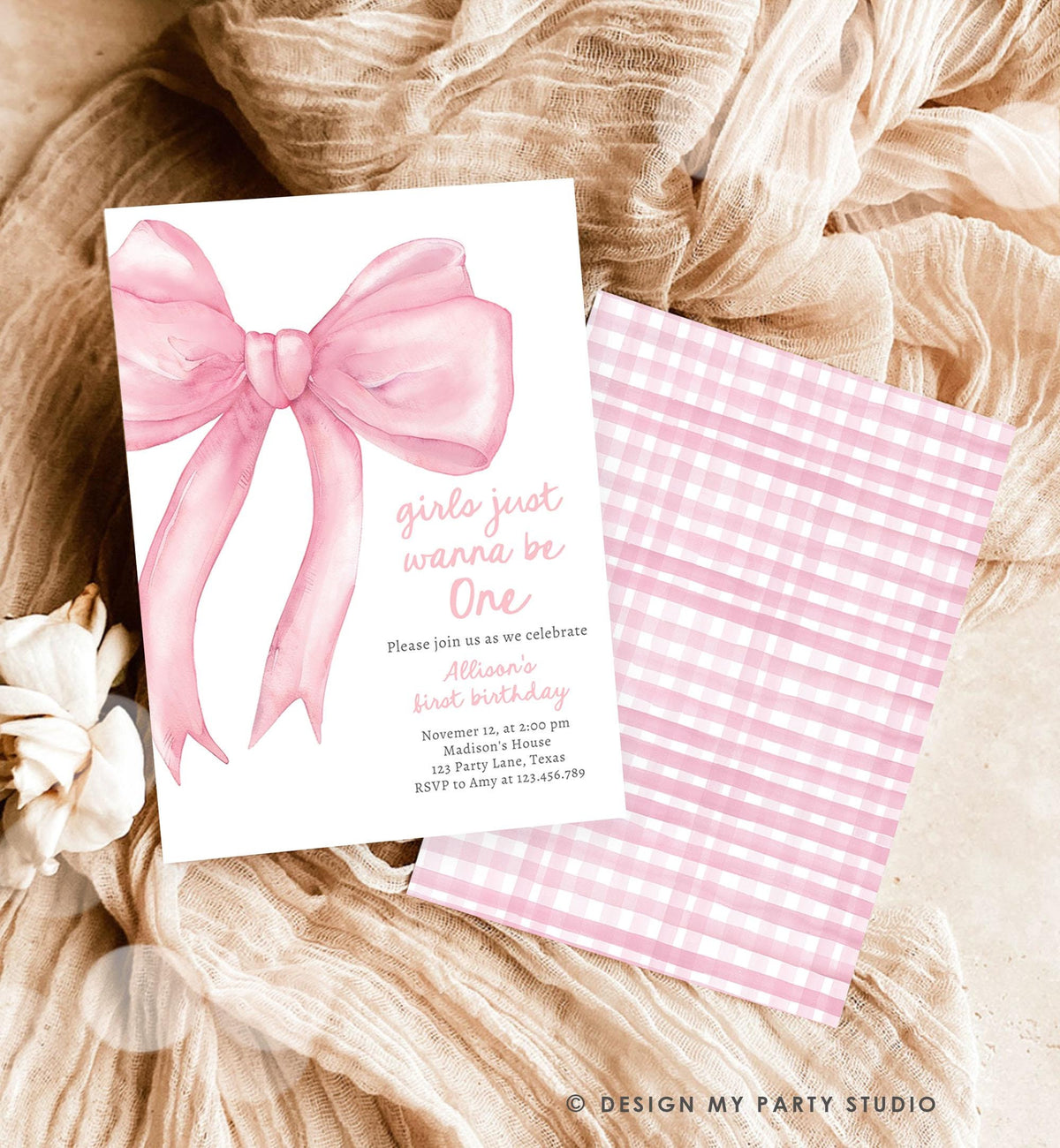 Editable Girls Just Wanna Be One Birthday Invitation Pink Bow 1st Birthday First Preppy Coquette Bow Evite Template Digital Download 0527