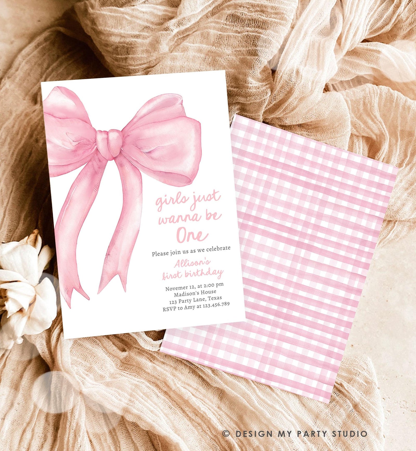 Editable Girls Just Wanna Be One Birthday Invitation Pink Bow 1st Birthday First Preppy Coquette Bow Evite Template Digital Download 0527