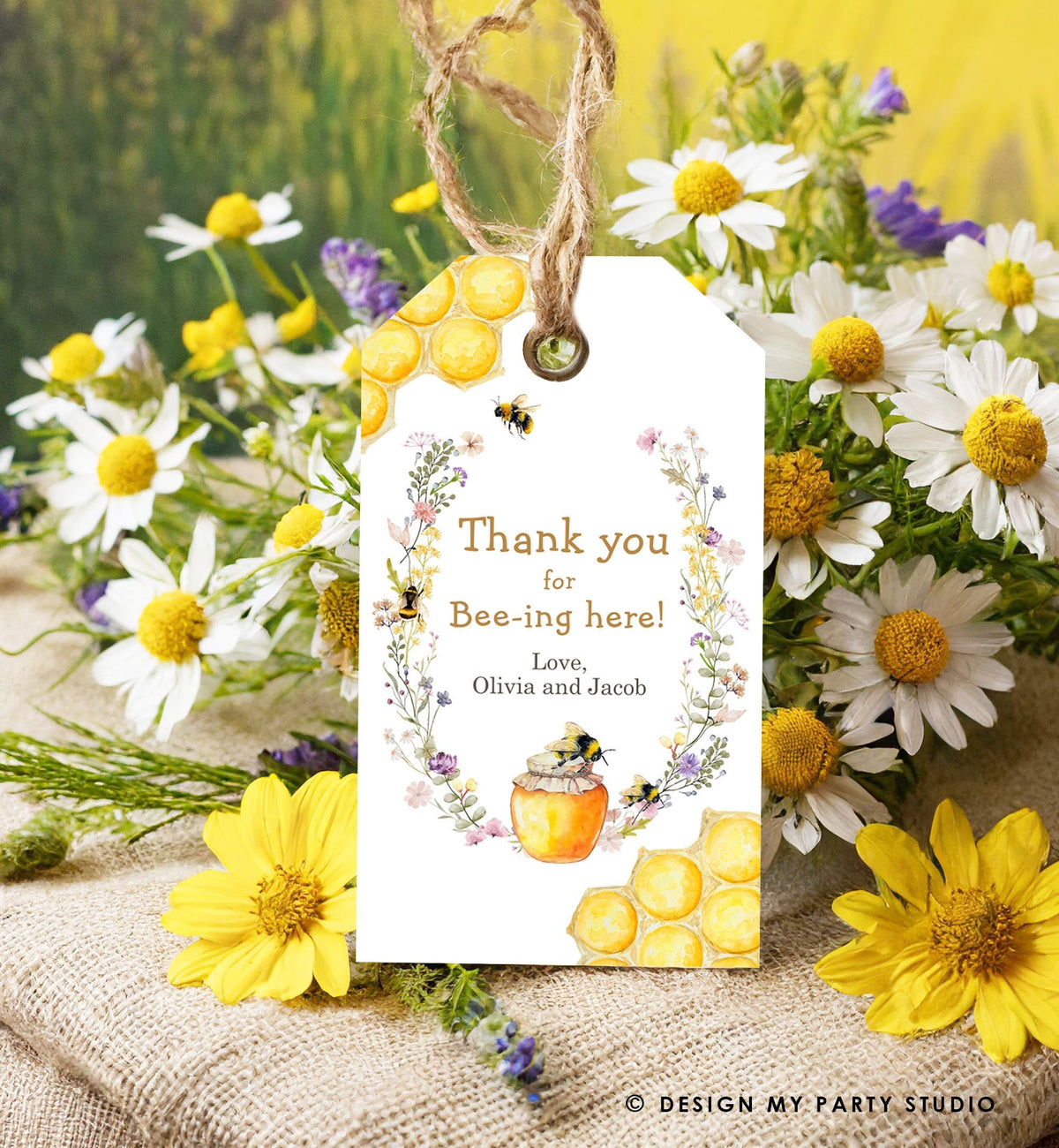 Editable Rustic Bee Favor Tags Bee Gender Reveal Baby Shower Honey Bee Birthday Thank You for Bee-ing Here Tag Template PRINTABLE Corjl 0502