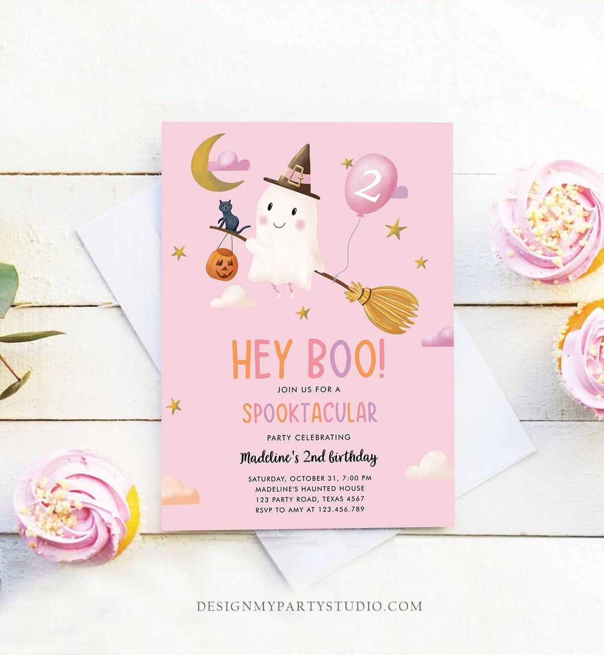 Editable Halloween Birthday Invitation Girl Ghost Costume Party Pink Spooktacular Spooky Hey Boo Digital Download Template Printable 0479