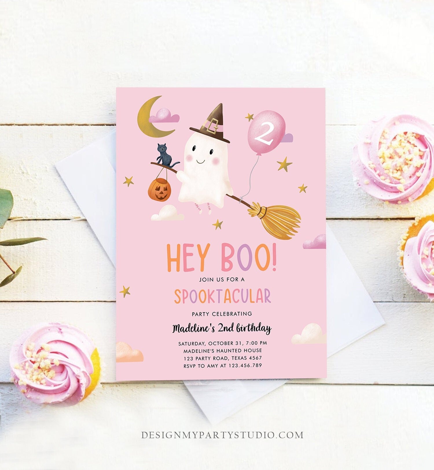 Editable Halloween Birthday Invitation Girl Ghost Costume Party Pink Spooktacular Spooky Hey Boo Digital Download Template Printable 0479