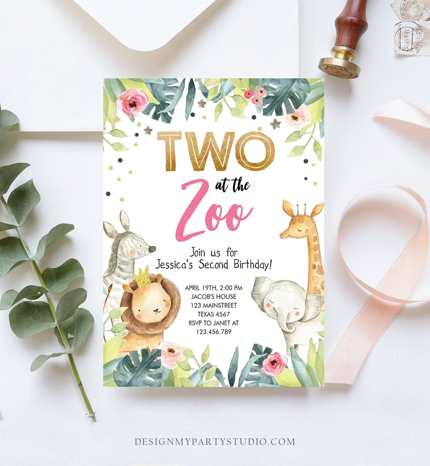 Editable Two in the Zoo Birthday Invitation Girl Animals Party Jungle Safari Pink Gold Two Wild Digital Download Template Printable 0163