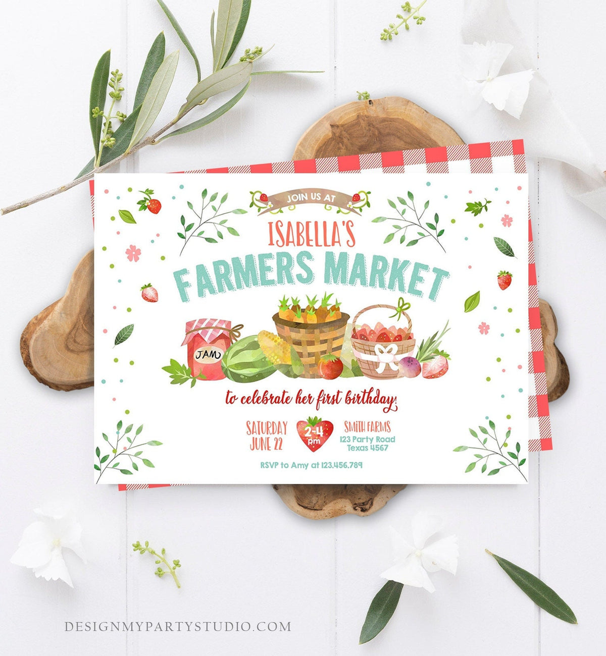Editable Farmers Market Birthday Invitation Strawberry Farm Party Fruits Market Home Grown Digital Download Evite Template Printable 0144
