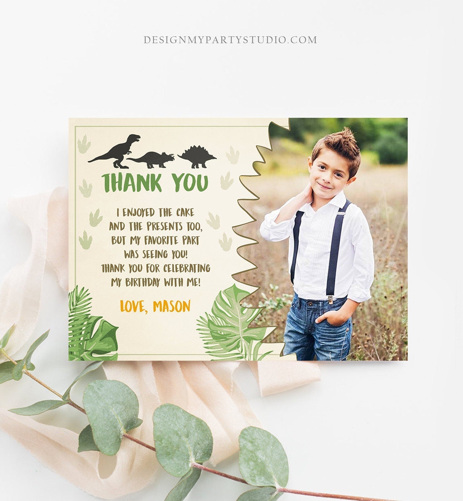 Editable Dinosaur Thank You Card Boy Prehistoric Dino Dig Party T-Rex Note Dino Mite Photo Digital Download Template Printable 0043