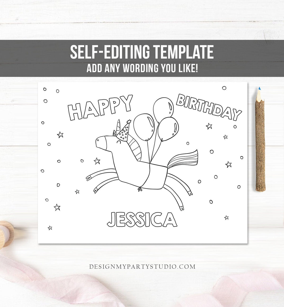 Editable Unicorn Coloring Page Unicorn Birthday Party Activity Game Magical Birthday Party Girl Digital Download Template Printable 0336