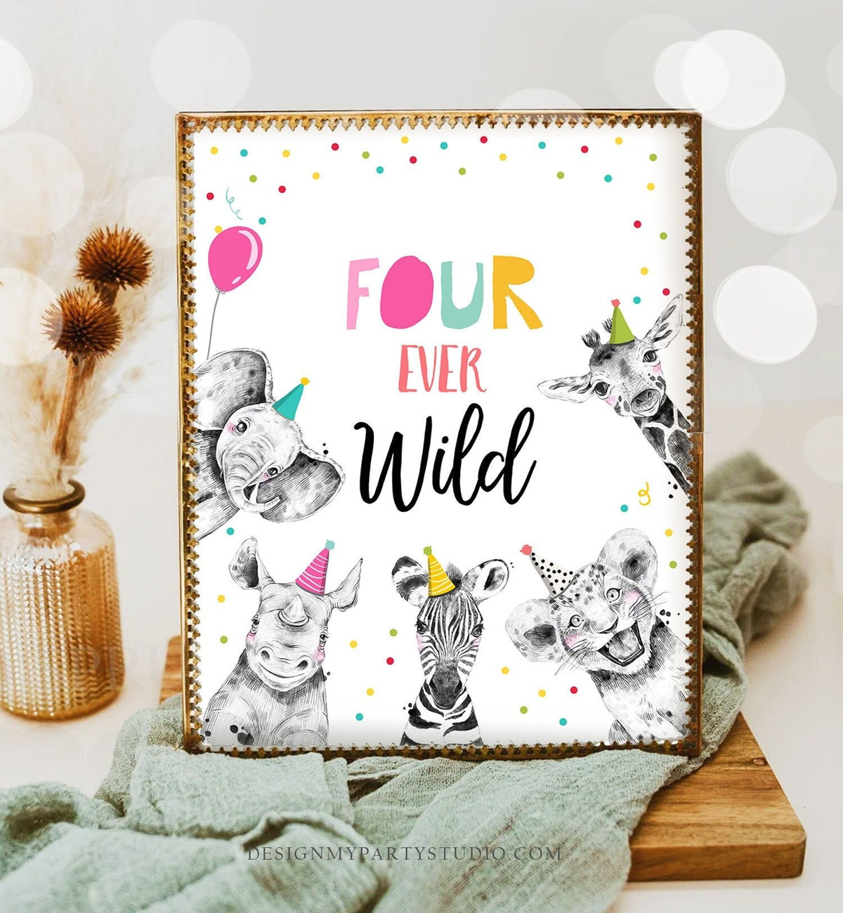 Four Ever Wild Birthday Sign Party Fourth Birthday 4th Safari Animals Party Animals Zoo Girl Pink Decor Digital Download Printable 0390