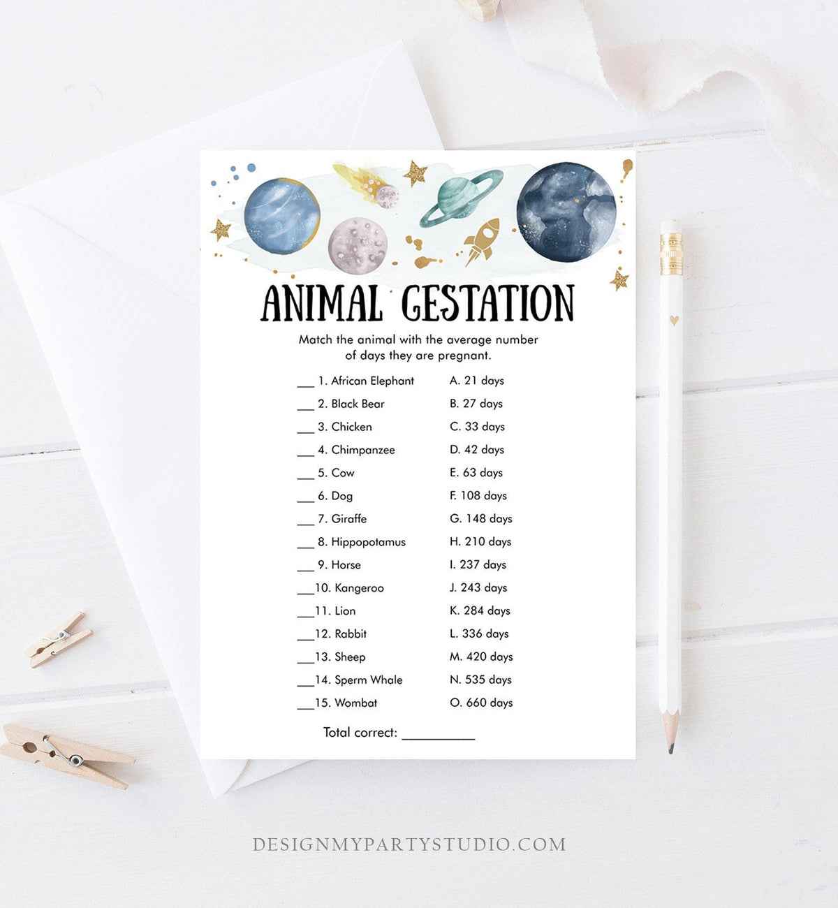 Editable Animal Gestation Baby Shower Game Card Outer Space Planets Galaxy Boy Pregnancy Activity Digital Download Template Printable 0357