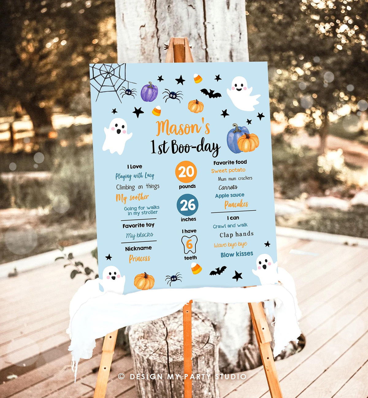 Editable Halloween Birthday Milestones Sign Ghost Spooky One 1st Birthday Spooktacular Blue First Stats Digital Template Printable 0418