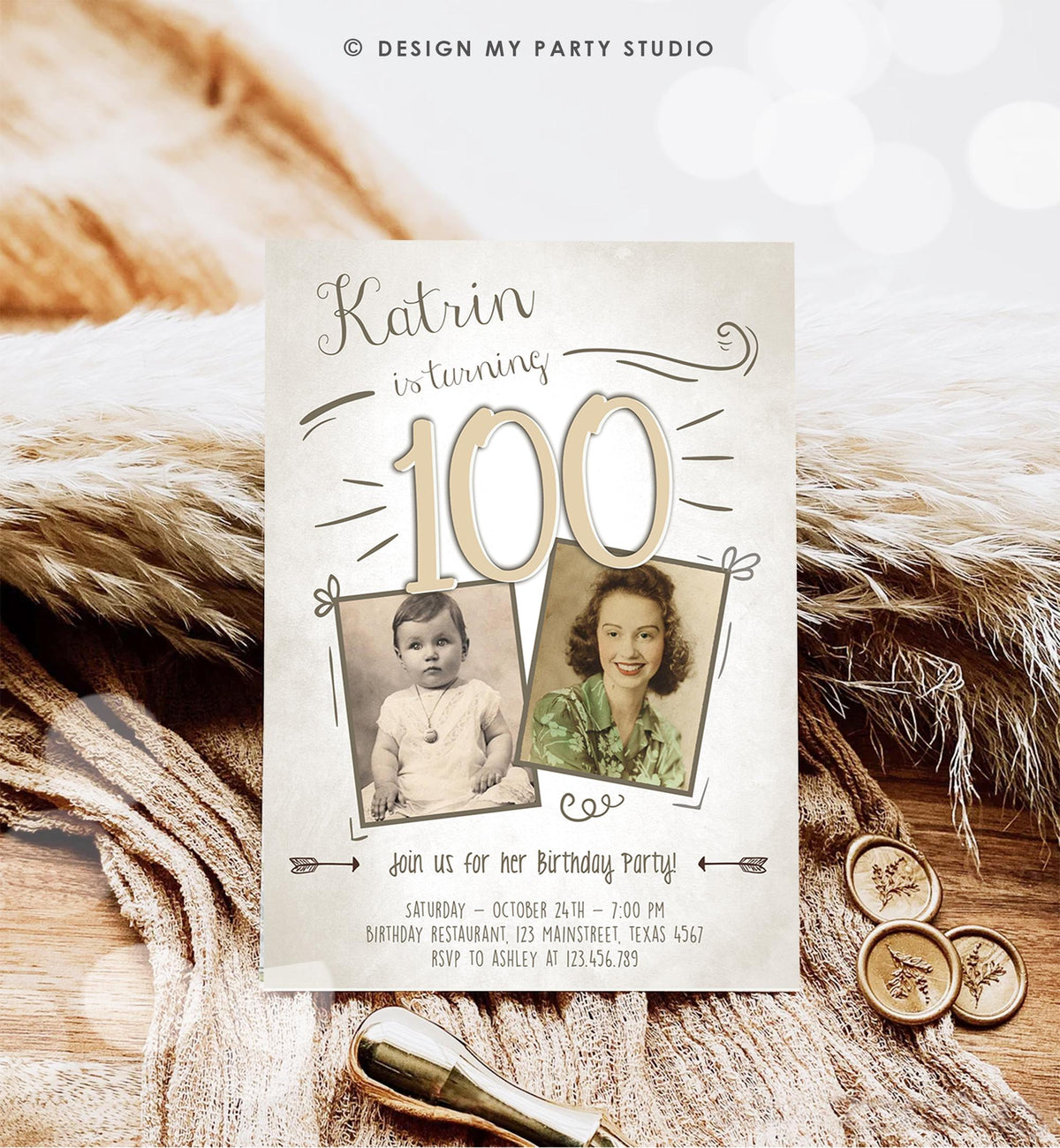 Editable 100th Birthday Invitation ANY AGE Boho Rustic Hundred Centennial Centenary Jubilee Anniversary Digital Template Printable 0230