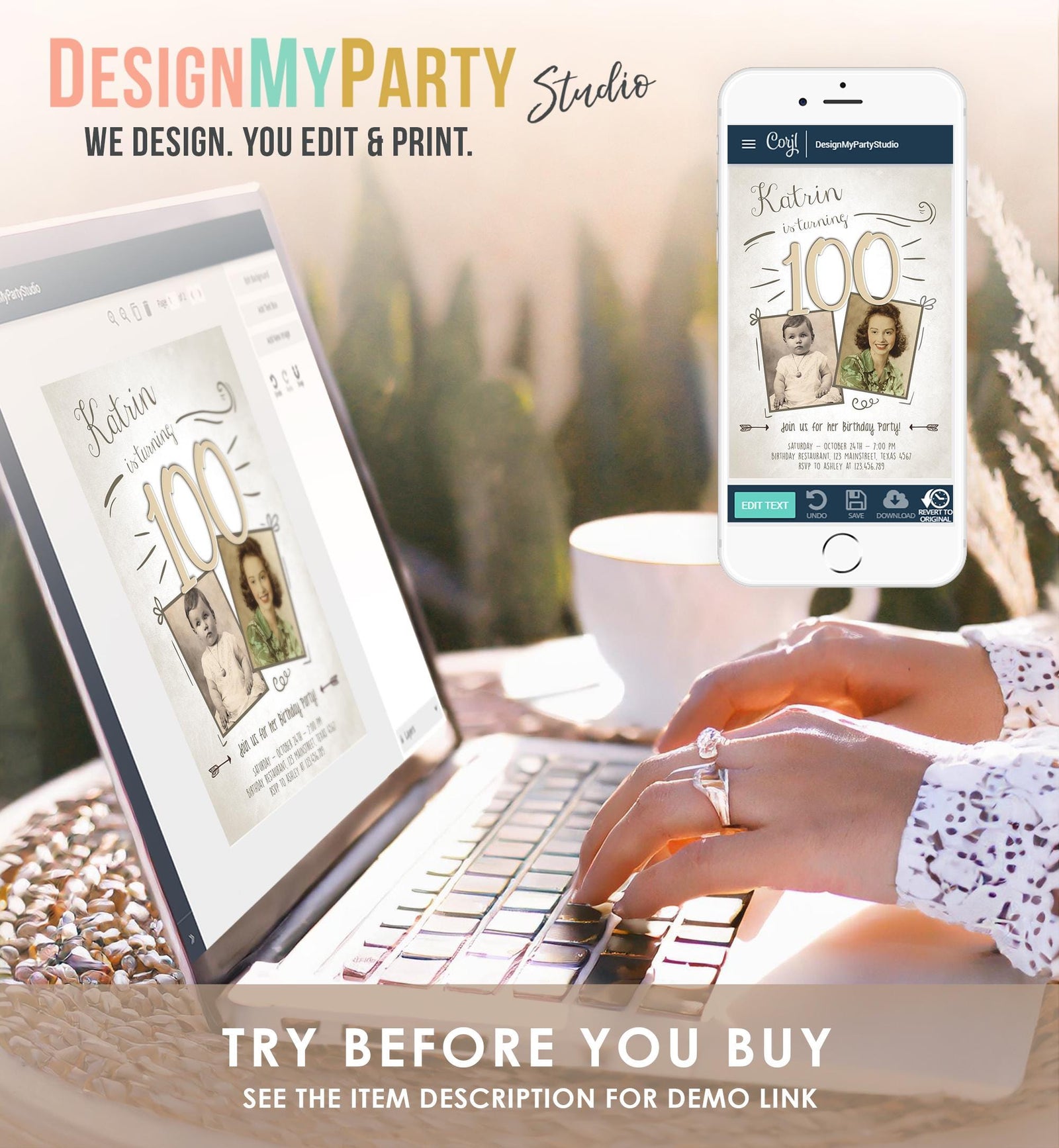 Editable 100th Birthday Invitation ANY AGE Boho Rustic Hundred Centennial Centenary Jubilee Anniversary Digital Template Printable 0230