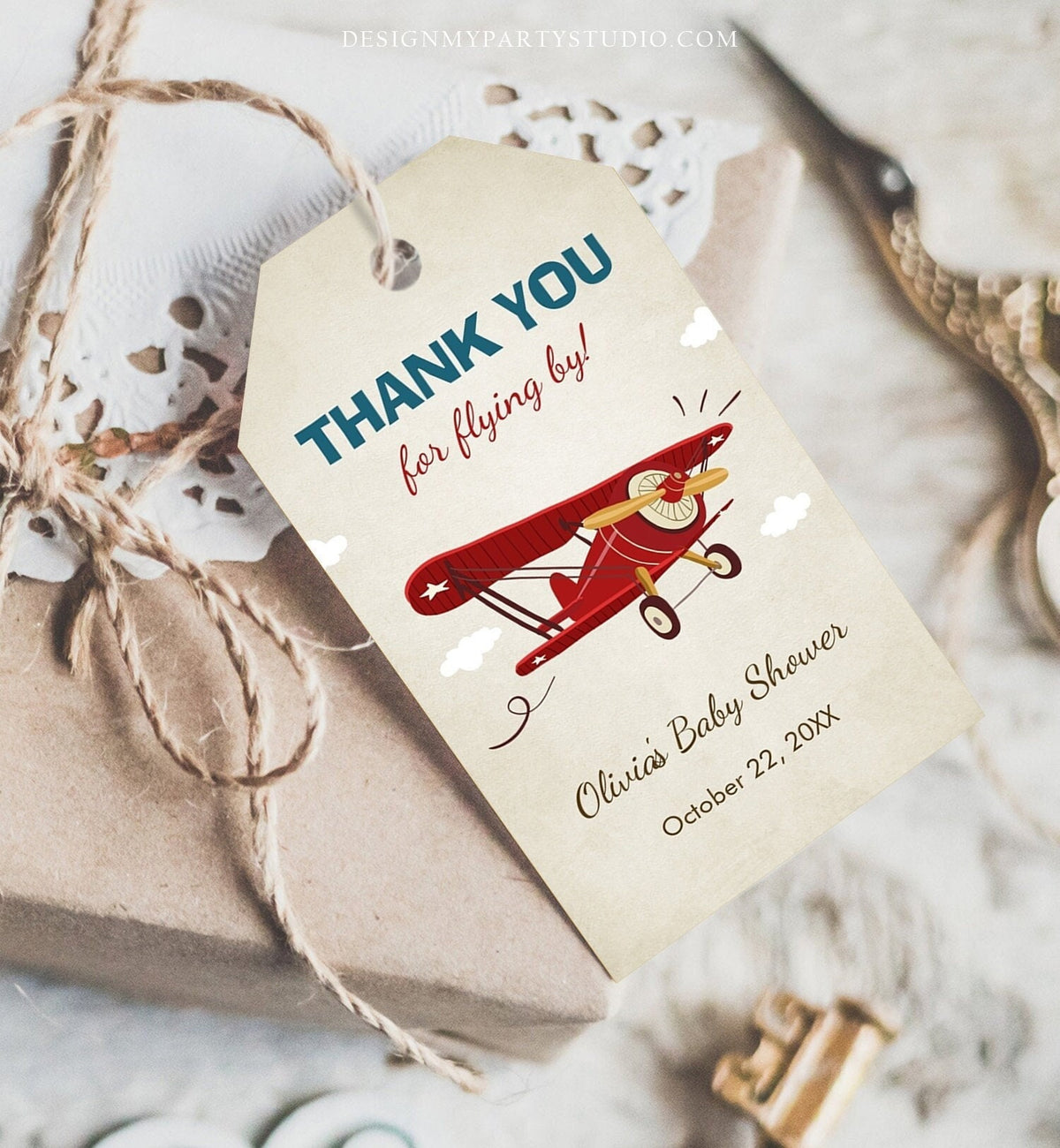 Editable Vintage Airplane Favor Tag Baby Shower Birthday Thank You Flying By Gift Tag Label Red Blue Boy Digital Template Printable 0011