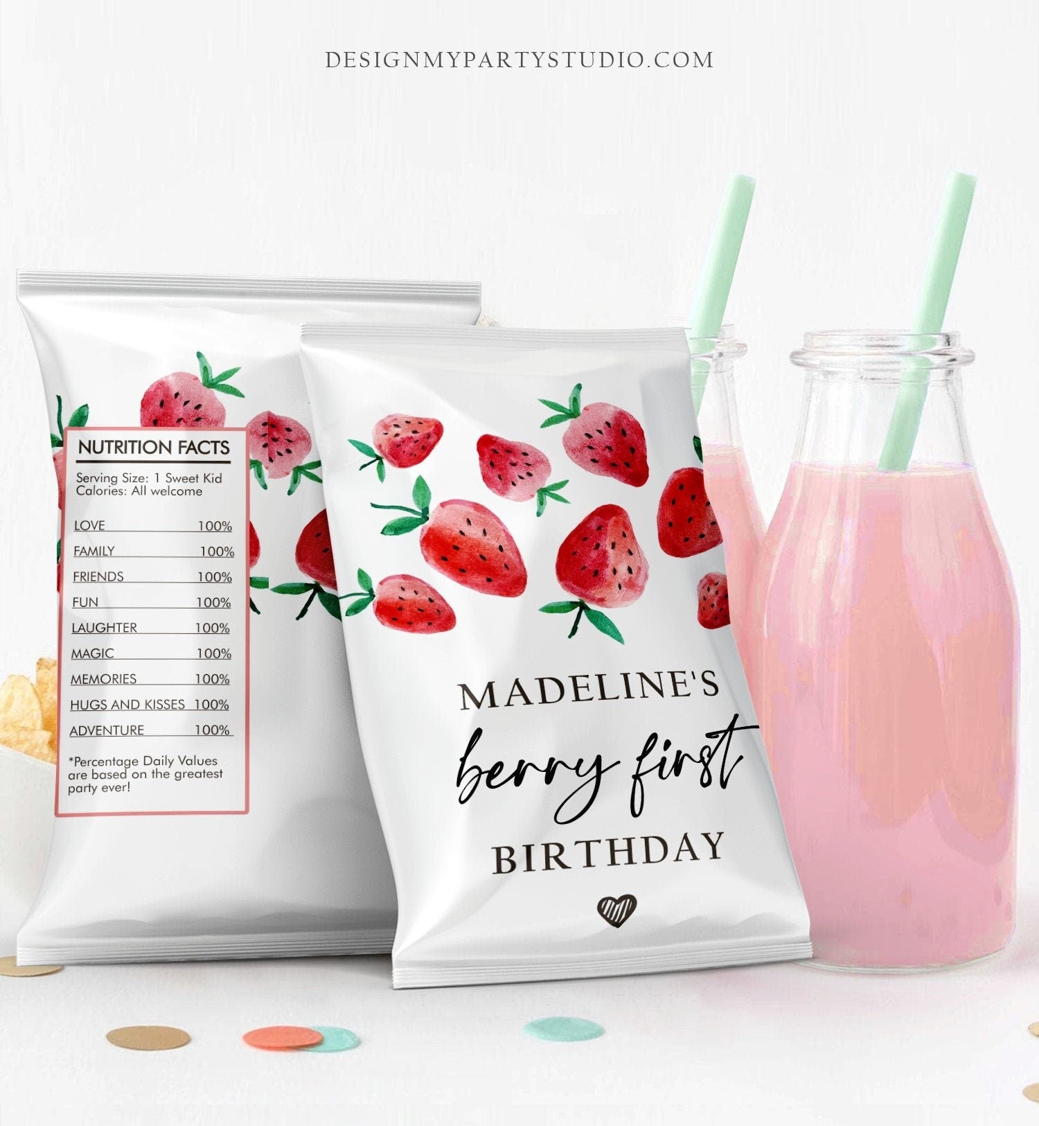 Editable Strawberry Chip Bag Berry First Birthday Party Decor Strawberry Berry Sweet Snack Favors Digital Download Template Printable 0399