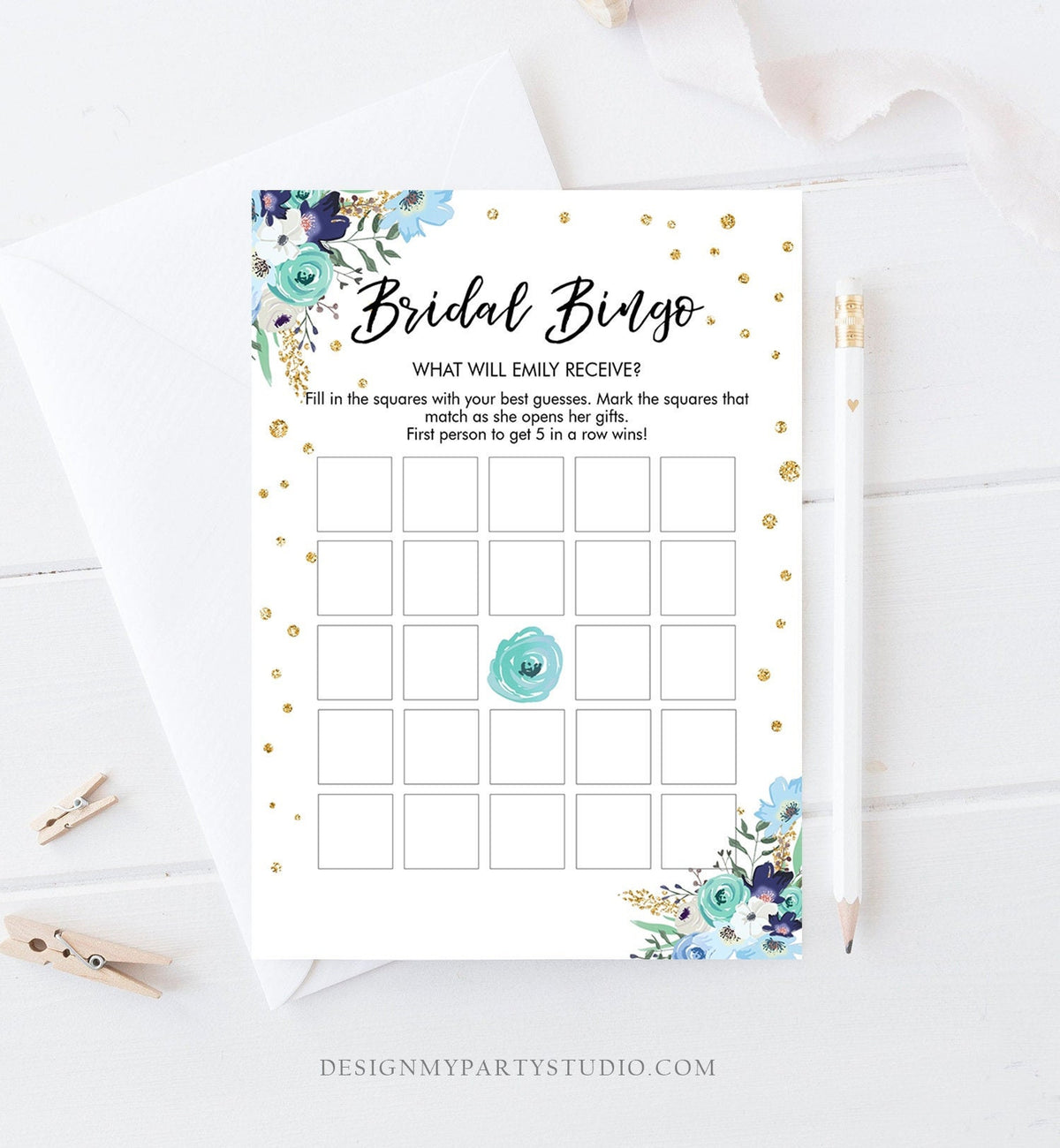 Editable Bingo Bridal Shower Game Wedding Shower Activity Floral Blue Gold Confetti Travel Flowers Digital Download Template Printable 0030