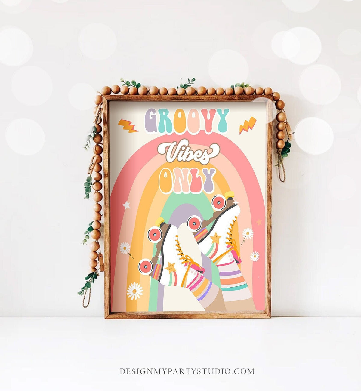 Retro Roller Skate Birthday Party Sign Groovy Vibes Only 90s Rollerskate Skating Roller Rink Favors Rainbow Digital Download Printable 0435