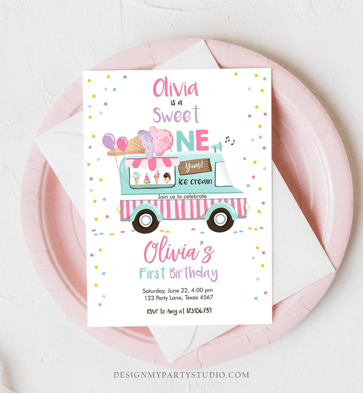 Editable Ice Cream Truck Birthday Invitation Ice Cream Sweet One 1st Birthday Party Cone Pink Mint Purple Digital Template Printable 0243