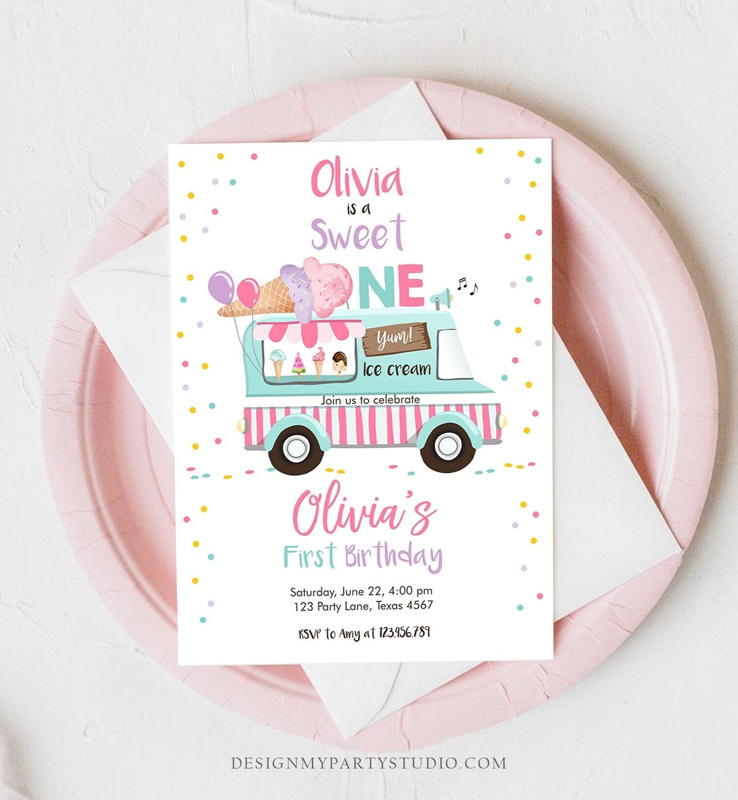 Editable Ice Cream Truck Birthday Invitation Ice Cream Sweet One 1st Birthday Party Cone Pink Mint Purple Digital Template Printable 0243