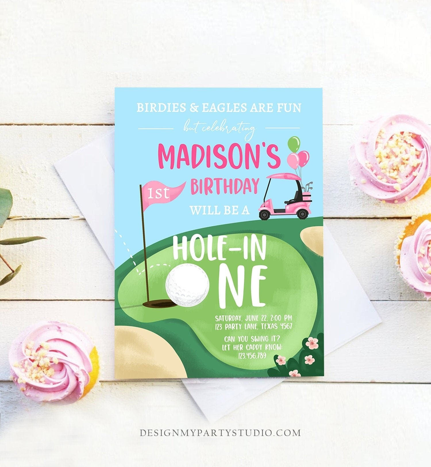 Editable Hole in One Birthday Invitation Golf First Birthday Par-tee Golf Invite Girl Golfing Digital Download Evite Template Printable 0405
