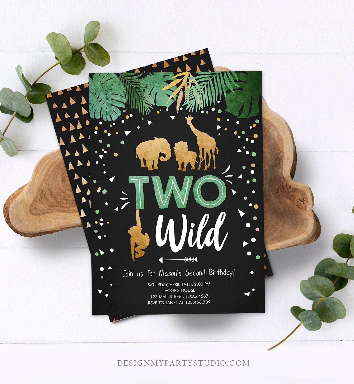 Editable Two Wild Birthday Invitation Safari Animals Wild Animals Black Gold Second Birthday 2nd Digital Download Template Printable 0016
