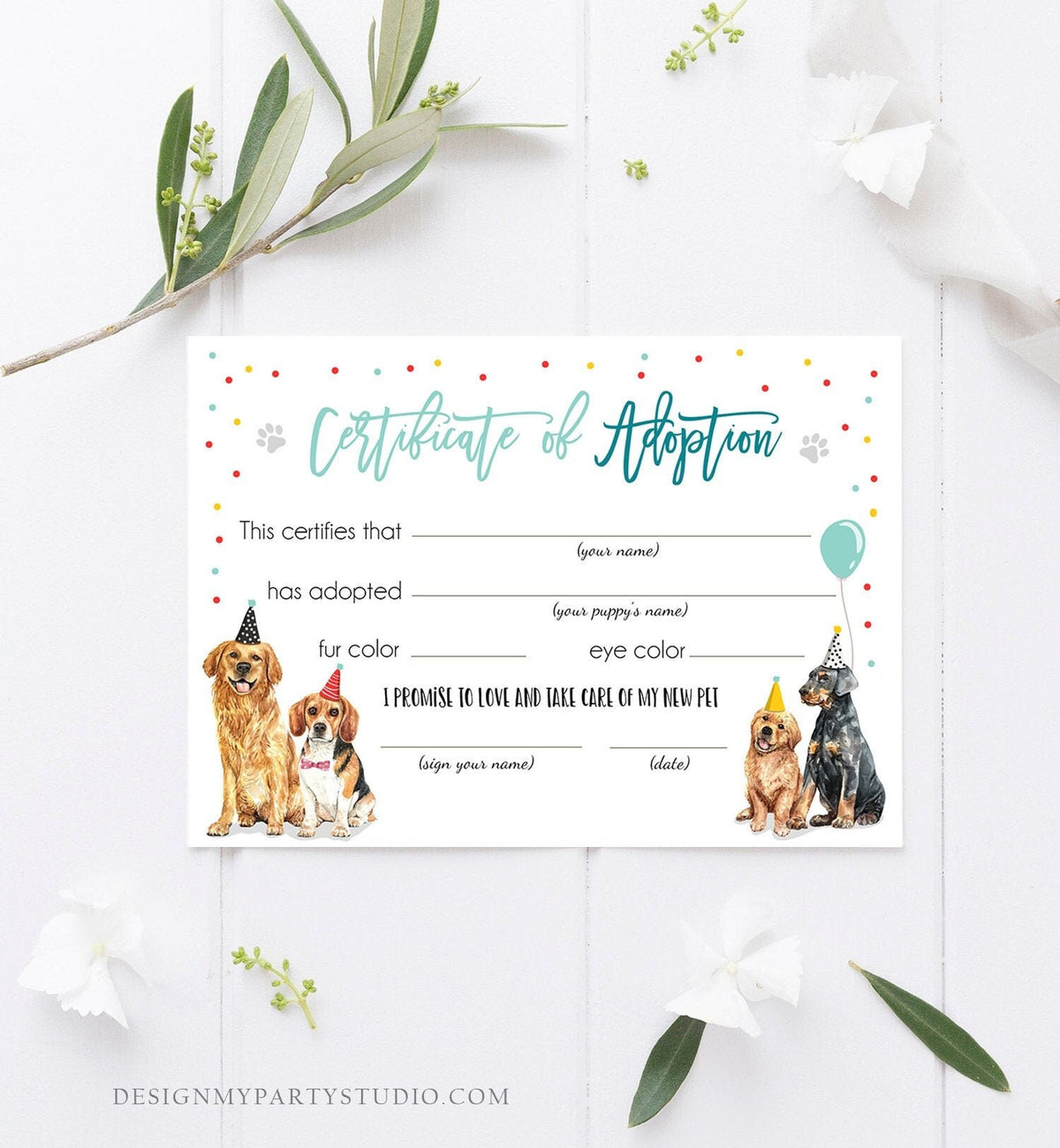 Pet Adoption Certificate Puppy Adoption Dog Birthday Party Adopt A Pet Boy Vet Puppy Adoption Blue Digital Download Digital Printable 0384