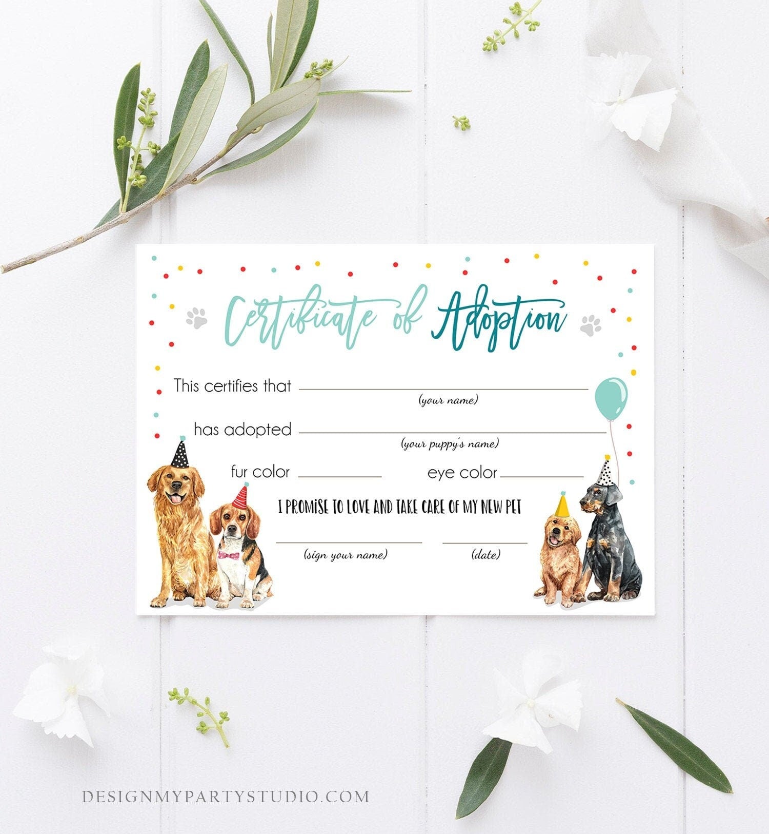 Pet Adoption Certificate Puppy Adoption Dog Birthday Party Adopt A Pet Boy Vet Puppy Adoption Blue Digital Download Digital Printable 0384