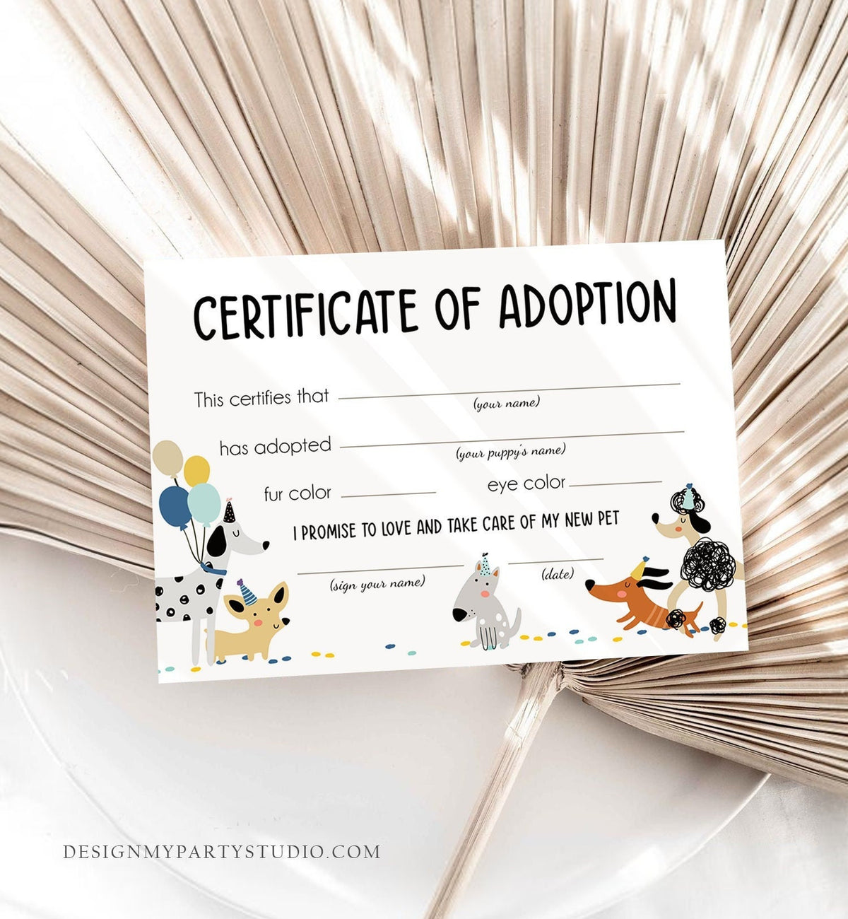 Pet Adoption Certificate Puppy Adoption Dog Birthday Party Boy Blue Adopt A Pet Vet Puppy Adoption Instant Download Digital Printable 0429