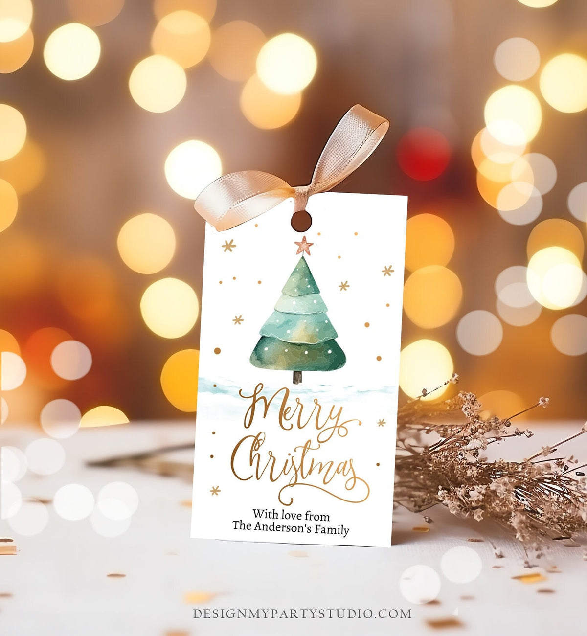 Editable Christmas Favor Tag Holiday Gift Tag Merry Christmas Holiday Labels Tree Gold Teacher Digital Download Template Printable 0443