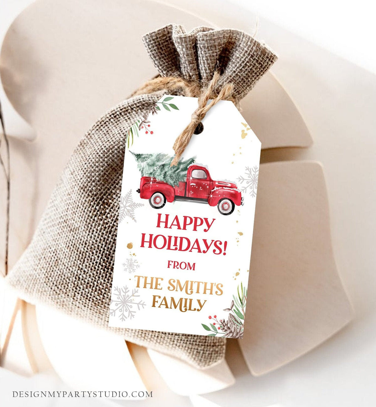 Editable Happy Holidays Favor Tag Winter Red Truck Christmas Baby Bridal Shower Thank You Gift Digital Download Template Printable 0356