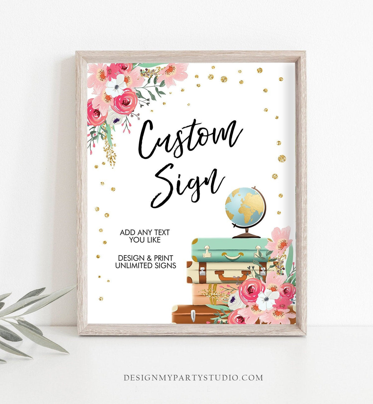 Editable Custom Sign Floral Travel Adventure Bridal Shower Traveling Pink Floral Suitcases Globe Digital Download Template Printable 0030