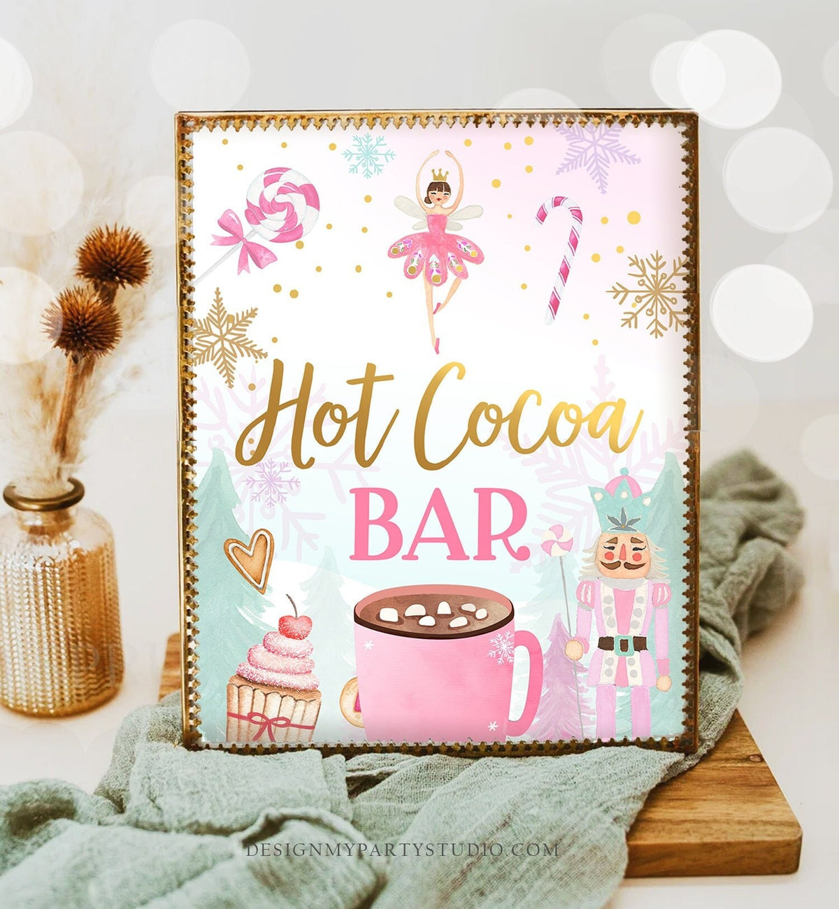 Hot Cocoa Bar Sign Nutcracker Birthday Decor Hot Chocolate Sign Girl Land of Sweets Pink Ballet Decor Digital Download Printable 0352