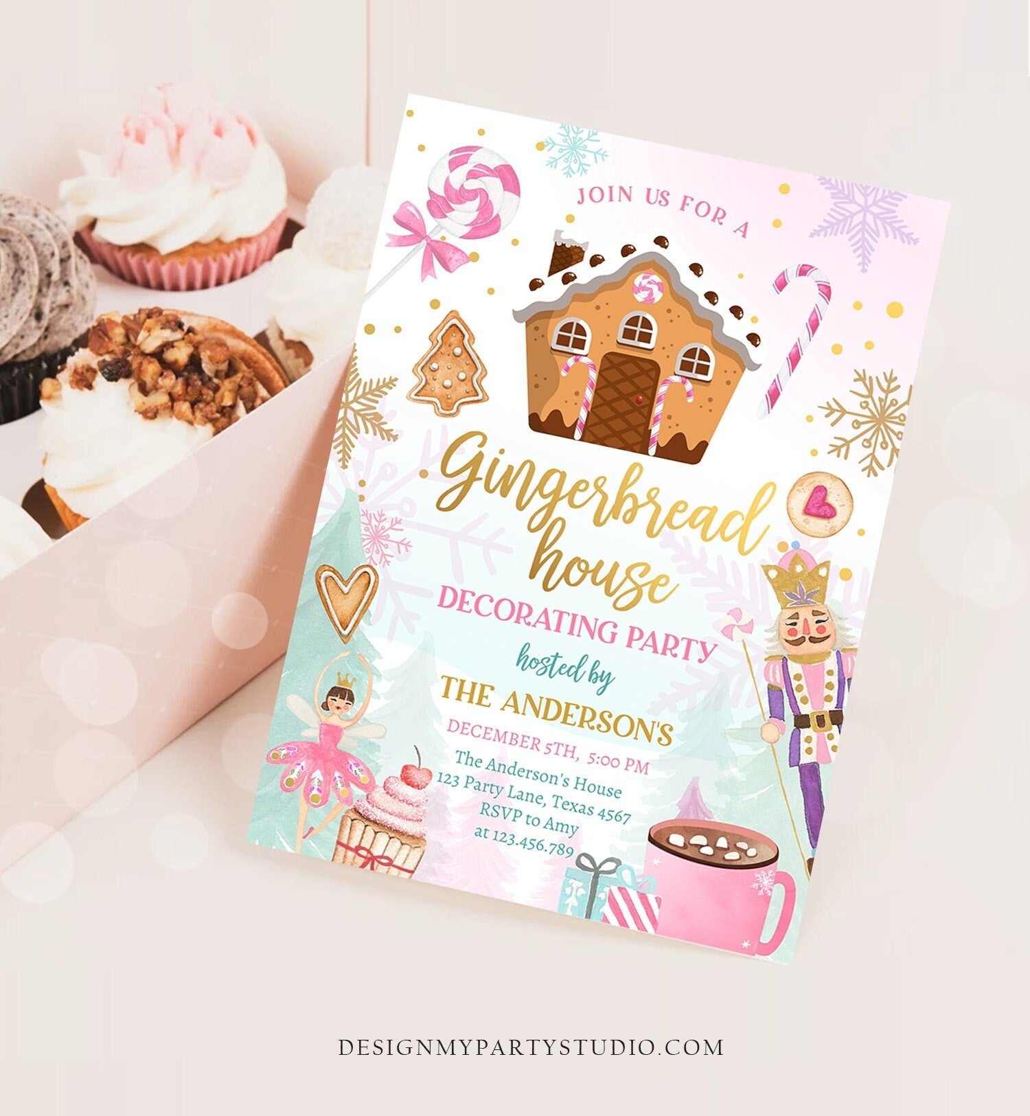 Editable Gingerbread House Decorating Party Invitation Land of Sweets Pink Gold Cookie Decorating Digital Download Template Printable 0352