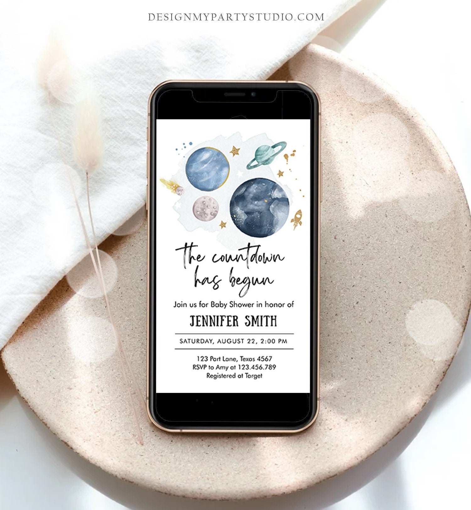 Editable Space Baby Shower Evite Galaxy Outer Space Planets Moon Watercolor Countdown Electronic Digital Download Phone Evite Template 0357
