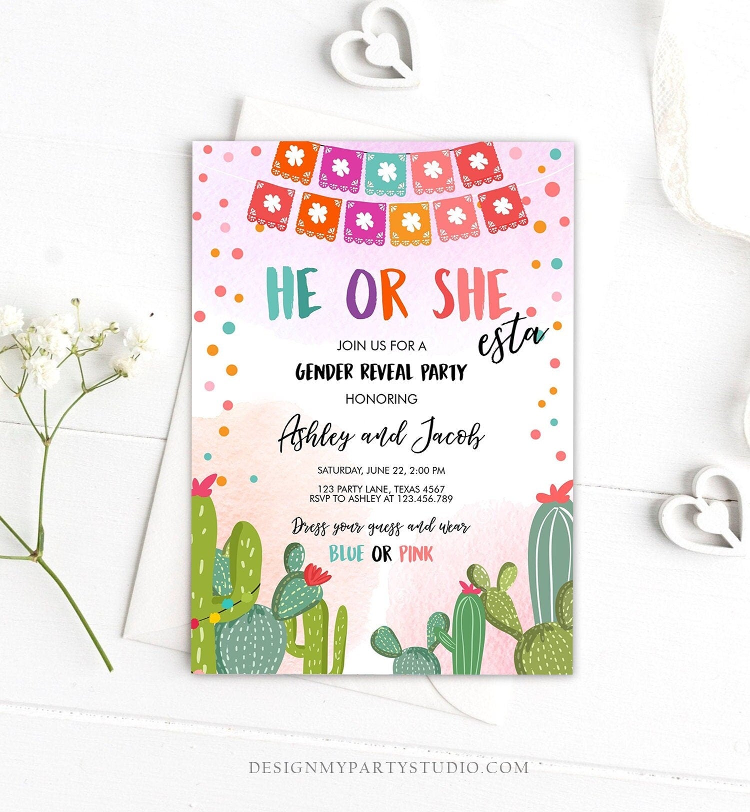 Editable Fiesta Gender Reveal Invitation He or She Boy or Girl Cactus Mexican She-esta Cactus Blue Pink Digital Template Printable 0135