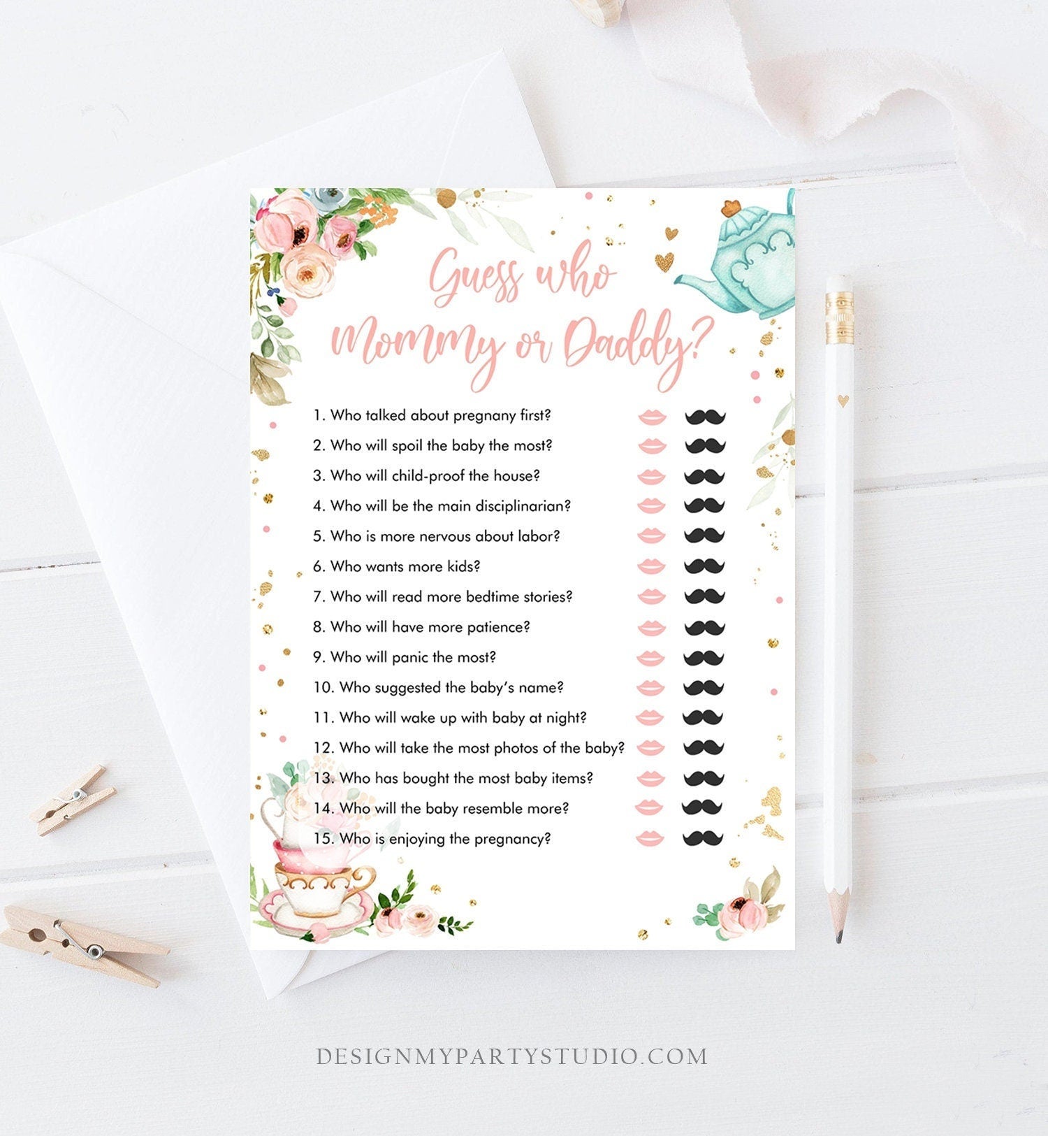 Editable Mommy or Daddy Baby Shower Game Guess Who Mom Dad Tea Party Baby is Brewing Game Shower Activity Digital Template Printable 0349