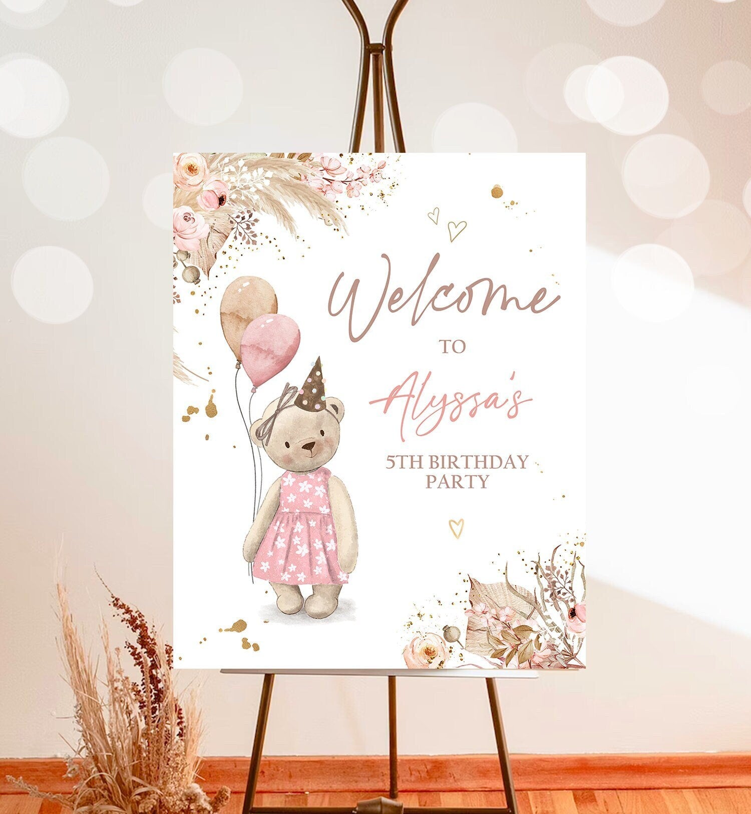 Editable Boho Teddy Bear Birthday Welcome Sign Bear Girl Bear-y First Teddy Picnic Pink Boho Rustic Bear Digital Template Printable 0421
