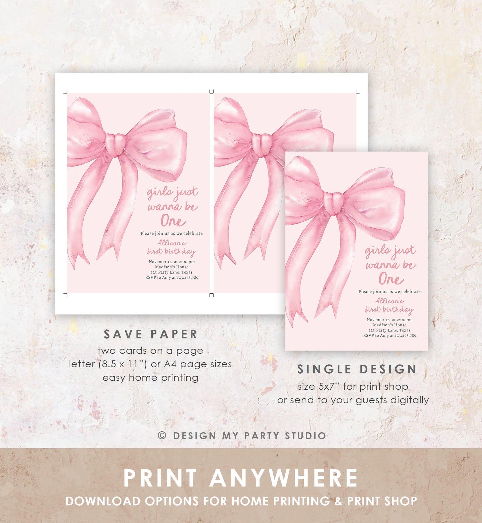 Editable Girls Just Wanna Be One Birthday Invitation Pink Bow 1st Birthday First Preppy Coquette Bow Evite Template Digital Download 0527
