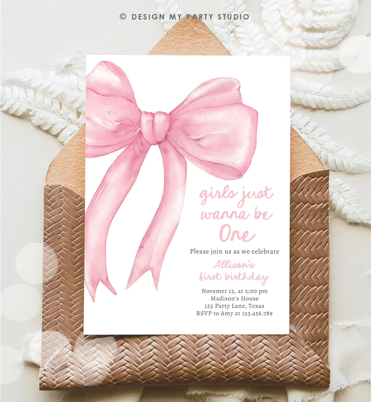 Editable Girls Just Wanna Be One Birthday Invitation Pink Bow 1st Birthday First Preppy Coquette Bow Evite Template Digital Download 0527