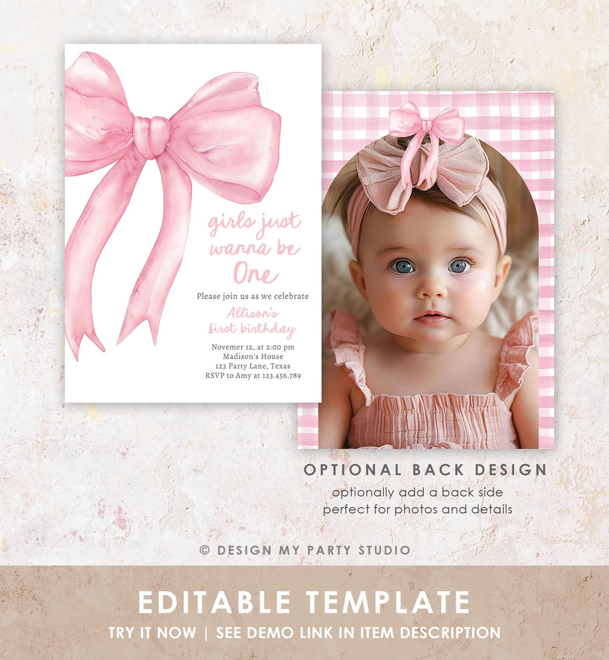 Editable Girls Just Wanna Be One Birthday Invitation Pink Bow 1st Birthday First Preppy Coquette Bow Evite Template Digital Download 0527
