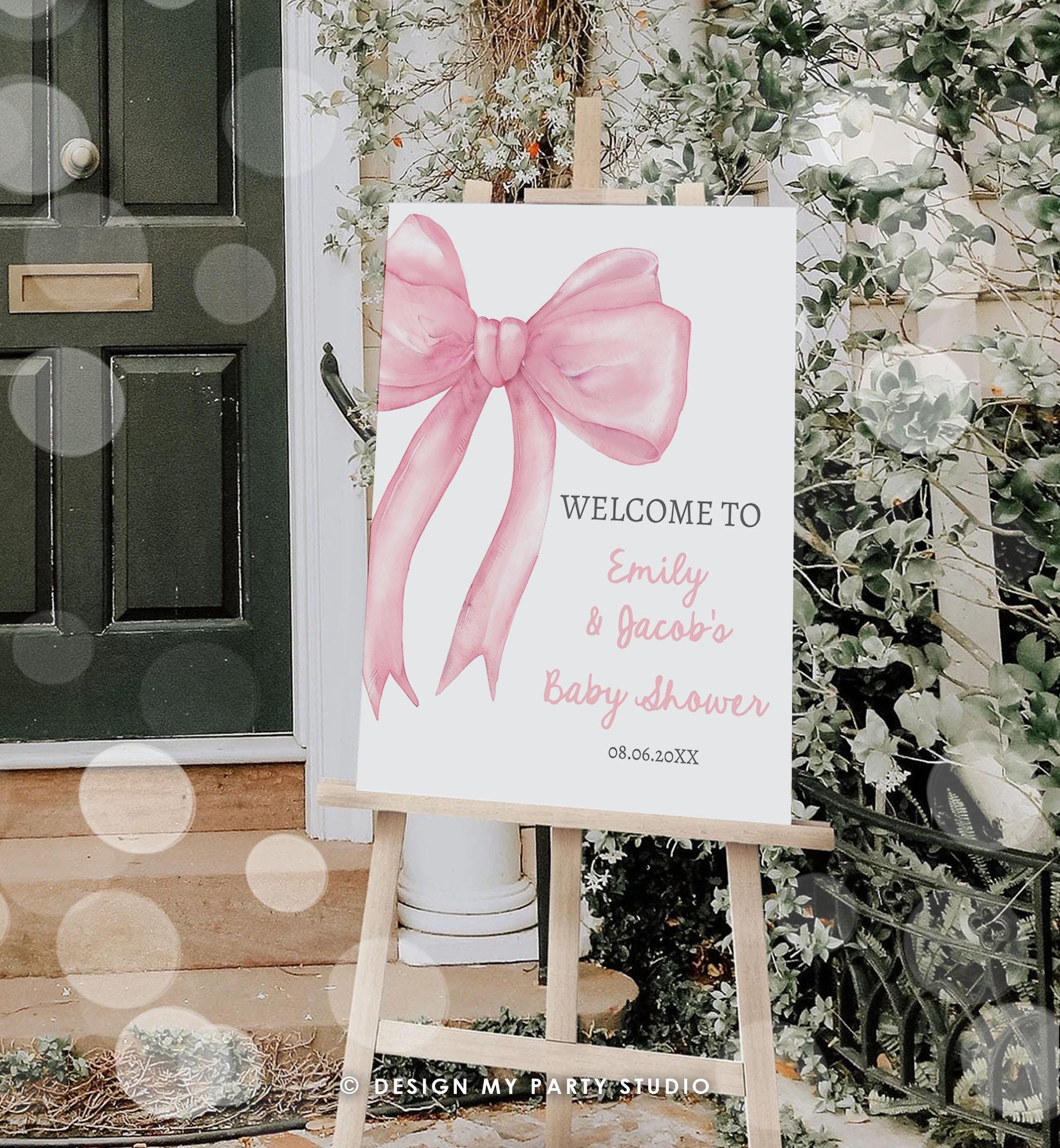 Editable Pink Bow Welcome Sign Baby Shower Girl Blush Pink Coquette Preppy Minimalist Ribbon 1st Birthday Digital Template Printable 0527