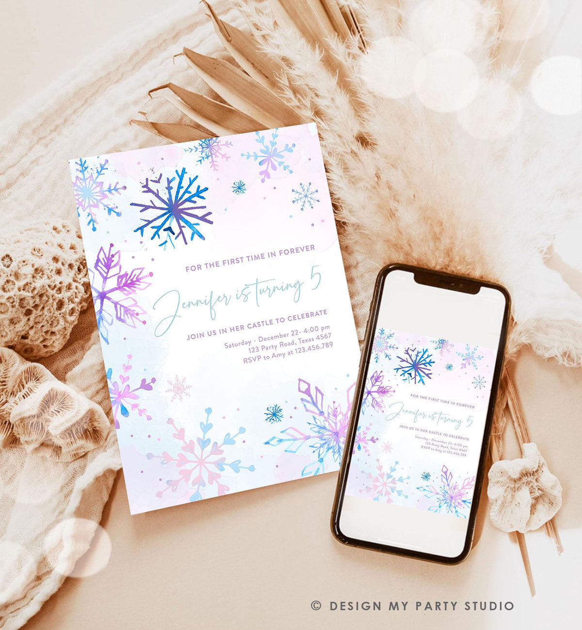 Editable Winter Birthday Invitation Winter Wonderland Onederland Princess First Birthday 1st Girl Pink Purple Snowflake Template Evite 0518