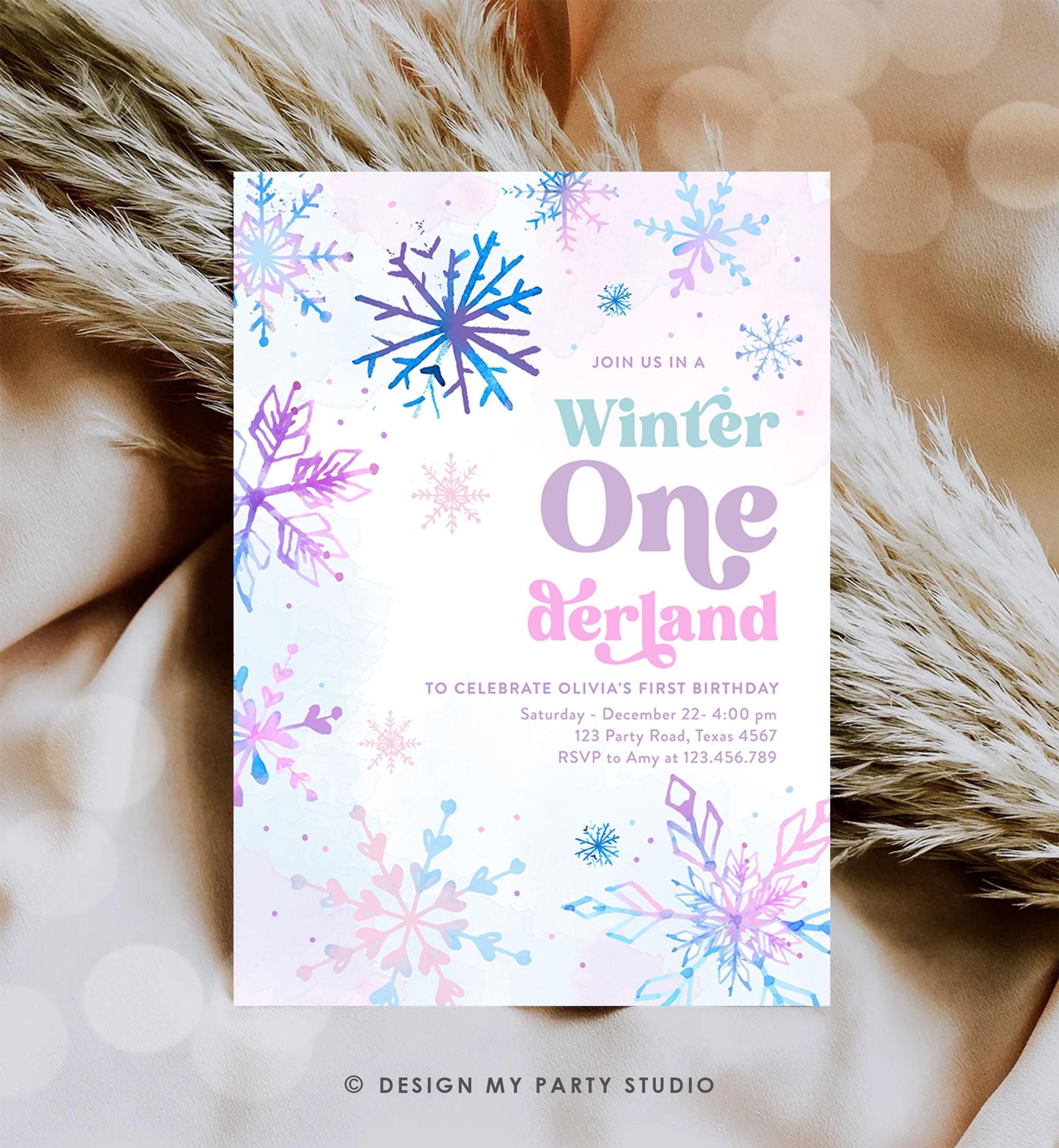 Editable Winter ONEderland Birthday Invitation First Birthday 1st Girl Pink Purple Snowflake Princess Castle Digital Template Evite 0518